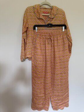 Brooks Avenue Scalloped Long Sleeve Pajama Set Cotton Boho Lounge Orange - Small